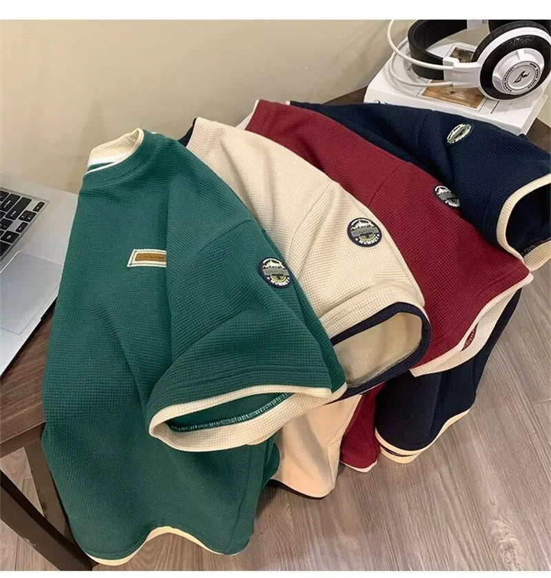 Summer Waffle Short Sleeve T Shirt For Men Vintage Appliques Loose T-shirts Couple Y2K Streetwear Clothes Fake Two-piece Tees