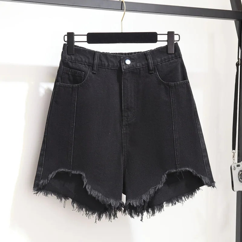 Summer High-waisted Denim Shorts Women Fur-trimmed Zipper Pocket 7XL Jeans Casual Fashion Loose Patchwork Short Pants