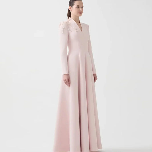 Customized Elegant V-Neck Long Sleeves Evening Dress Classic A-Line Simple Jersey Homecoming Dress Delicate Beading Prom Dresses