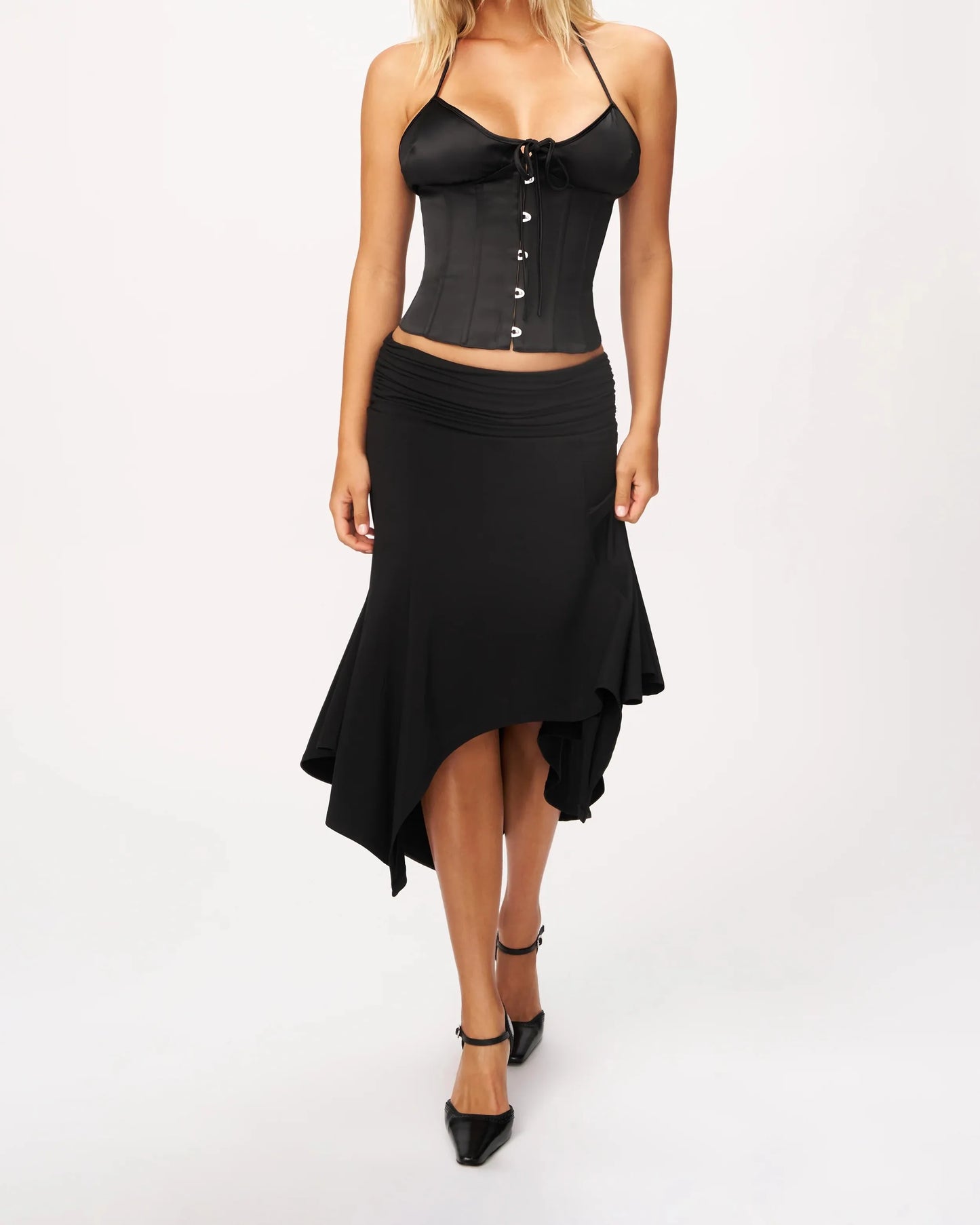 Guz Low-Waist Pleated Irregular Fishtail Skirt, Vintage Drapey Elastic Mid-Length Asymmetrical Hem Sexy Skirt, Pleated Irregular Mid-Length Skirt, Slimming Large Hem Fishtail Skirt, Black Drapey Skirt