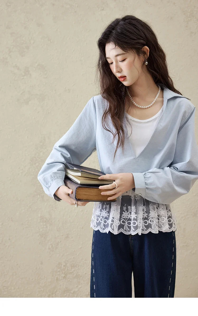 French Spring Shirts Women 2025 Long Sleeve Turn-down Collar Fake Two-piece Blouses Female Splicing Lace Tops MXE16C0783