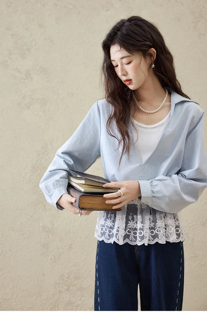 French Spring Shirts Women 2025 Long Sleeve Turn-down Collar Fake Two-piece Blouses Female Splicing Lace Tops MXE16C0783