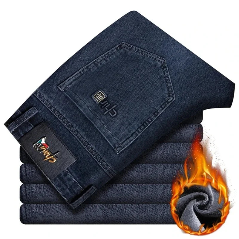 Winter Classic Business Men's Fleece Warm Jeans Straight Stretch Casual Thicken Denim Trousers Washed Fashion Velvet Male Pants