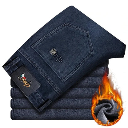 Winter Classic Business Men's Fleece Warm Jeans Straight Stretch Casual Thicken Denim Trousers Washed Fashion Velvet Male Pants