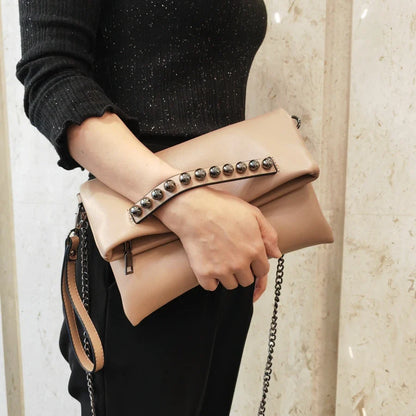 Folding design women Clutch Fashion rivets PU Leather Ladies Crossbody Bag chain Female Shoulder bag Clutches black wallet