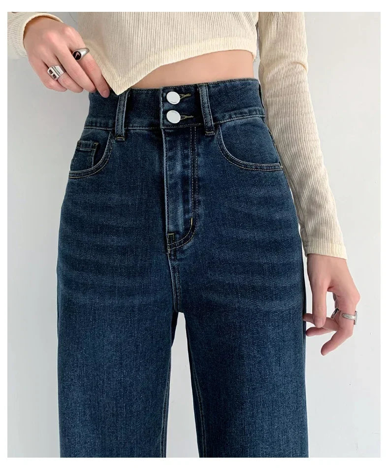 Loose Straight Women's Jeans Fashion Stretch Soft Drape Multi-button High Waist Denim Trousers Street Fashion Female Clothing