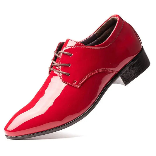 Men's Red Patent Leather Wedding Groomsmen Shoes Low Block Heel Business Formal Dress Shoes Trendy Casual Footwear
