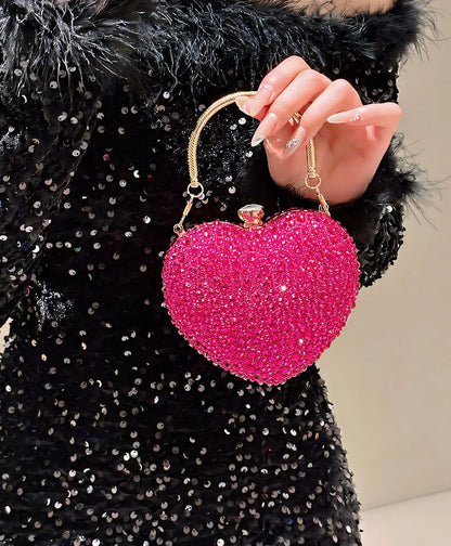 Designer Luxury Diamond Heart-shaped Bag Red Rhinestone Evening Clutch Purse Female Wedding Handbag Woman Chain Shoulder Bags