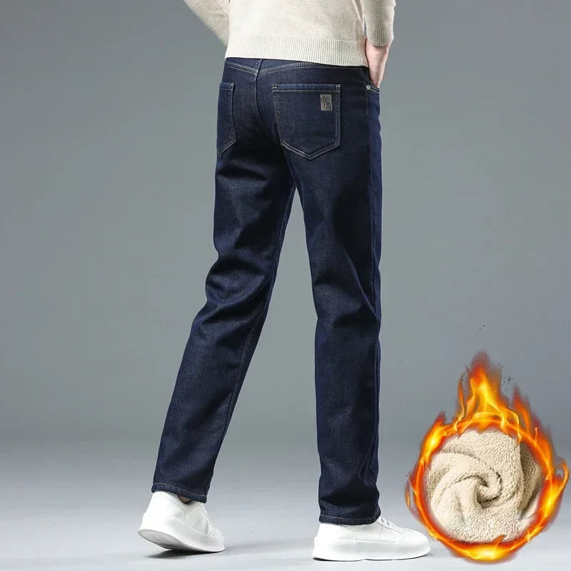 Winter Warm Fleece Jeans Men 2023 Straight Stretch Thick Casual Thermal Denim Pants Male Business Work Trousers New Men Clothing