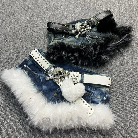 Japanese Gothic Style Denim Shorts Women Vintage Fashion Plush Patchwork Slim Short Pants Girls Casual Y2k Aesthetic Jean Shorts