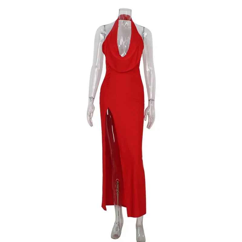 Fashion Sexy Women's Party Dresses Solid Swinging Collar High Split Sleeveless Maxi Slim Folds Blackless Vestidos Robes