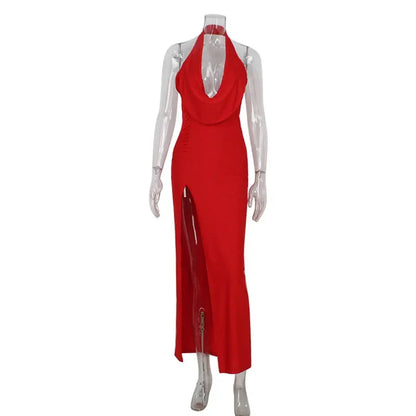 Fashion Sexy Women's Party Dresses Solid Swinging Collar High Split Sleeveless Maxi Slim Folds Blackless Vestidos Robes