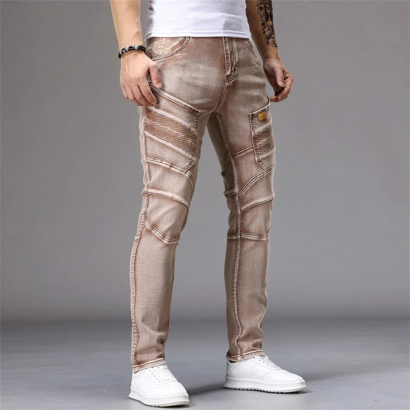 Men's Patchwork Skinny Ripped Jeans Fashion Trousers Elastic Slim Hole Biker Denim Pants Hip-hop Rock American Streetwear