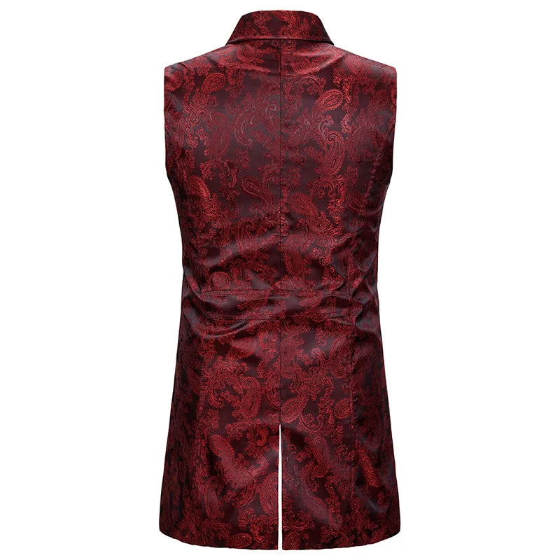 2026 Eur-Usa Fashion Elegant Jacquard Mid Length Tailcoat Vest for Men, Navy Blue Vintage Gothic Sleeveless Palace Men's Tuxedo