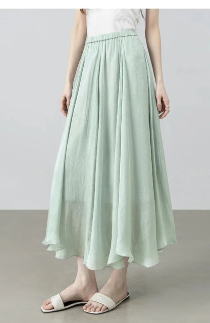 Women's Gray Elegant Skirt 2026 Summer Elastic Waist Sheen Flowy A Line Long Skirt for Woman Ladies Clothes 162QG4909
