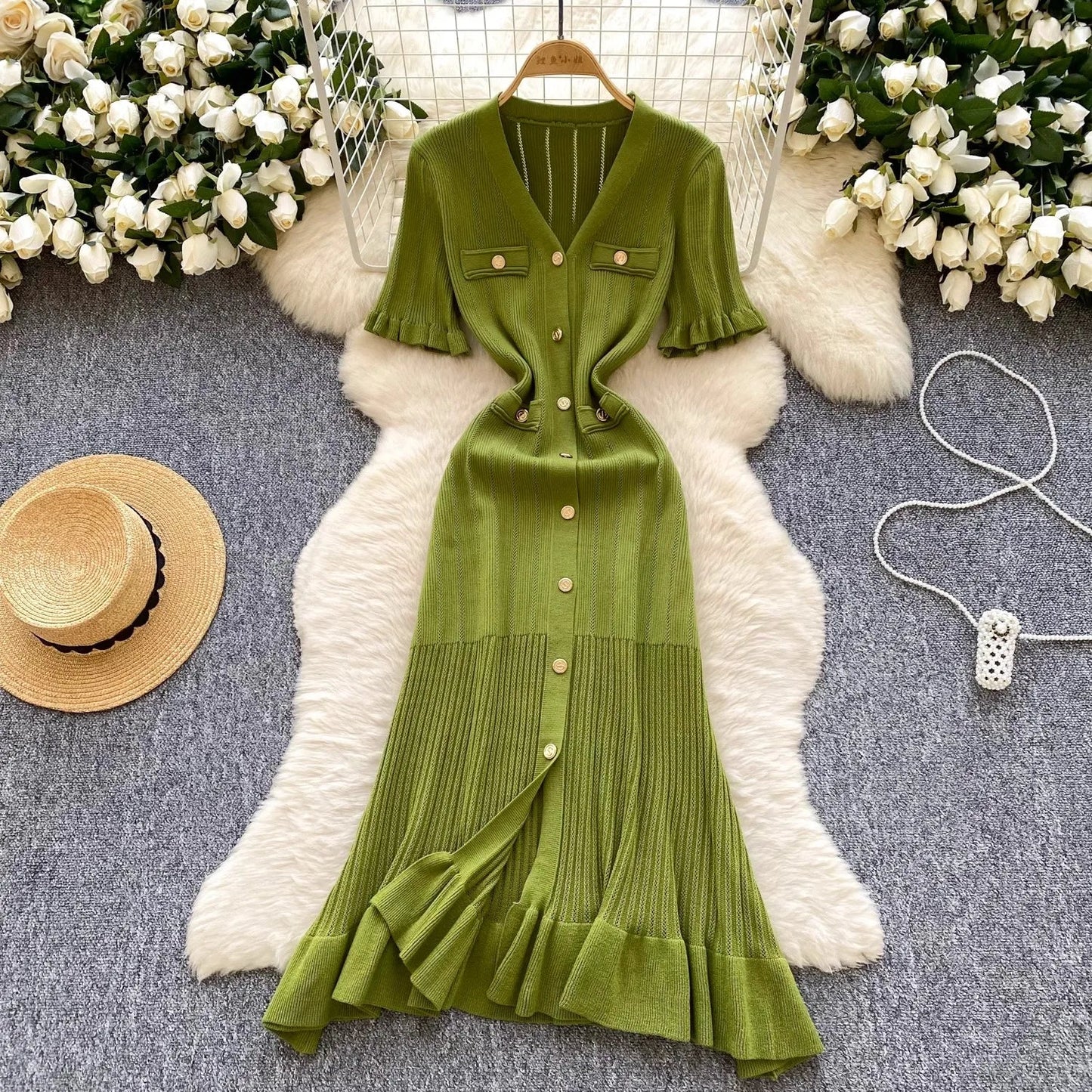 Brand Fashion Vintage Knitted Long Dress Spring Summer Women Elegant V-neck Ruffled Bodycon Sweater Dress Party Vestido