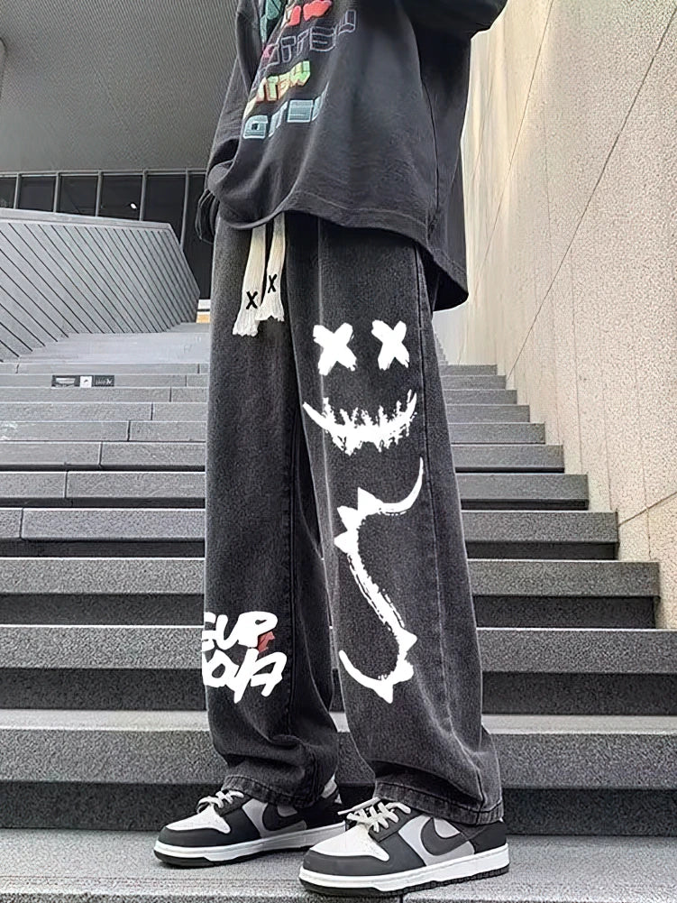 Printed Black Baggy Jeans Pants Men Straight Oversize Graphic Casual Wide Leg Denim Long Trousers Korean Drawstring Sweatpants