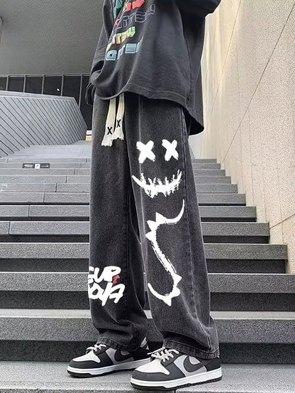 Printed Black Baggy Jeans Pants Men Straight Oversize Graphic Casual Wide Leg Denim Long Trousers Korean Drawstring Sweatpants