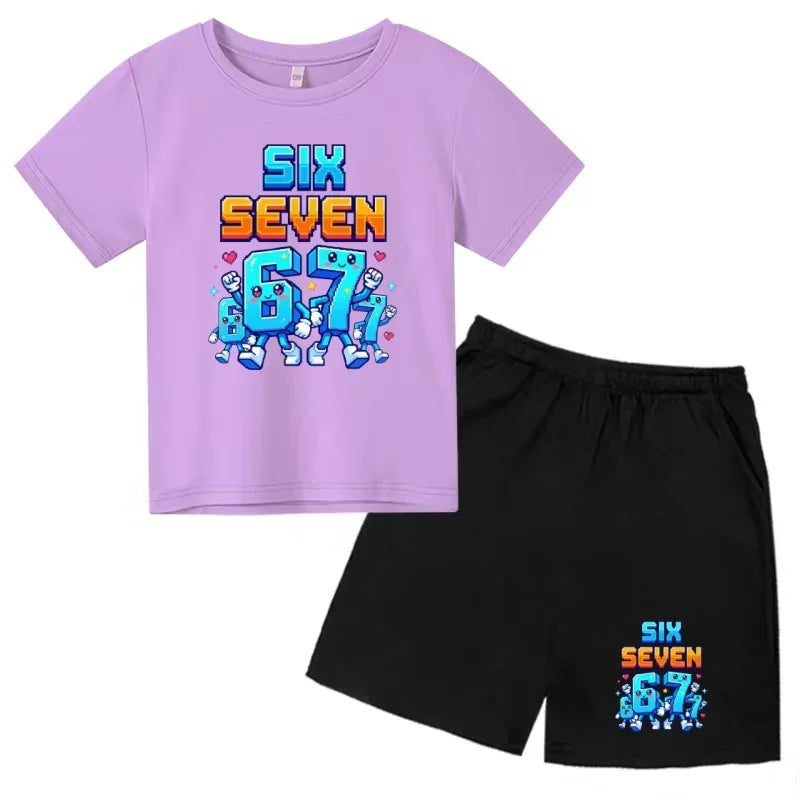 Boys Girls 3-12Y Summer Fashion Outfit 67 Number Cartoon Print T-shirt and Shorts Casual Two-Piece Clothing Set