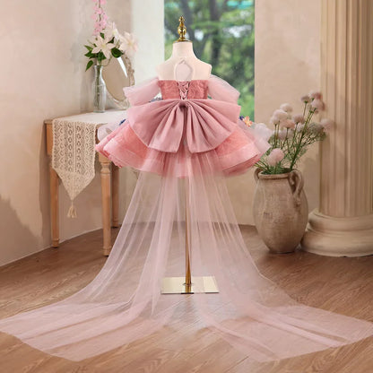 J565 Colorfu Pink Girl Dresses with Flowers Knee Length Off Shoulder Princess Wedding Birthday Party Pageant Ball Gown