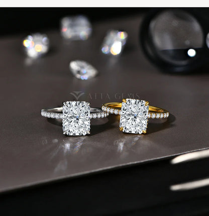 Bagues moissanite ATTAGEMS classiques taille radiant 4 carats en cuivre plaqué or avec halo caché, bague de fiançailles pour elle