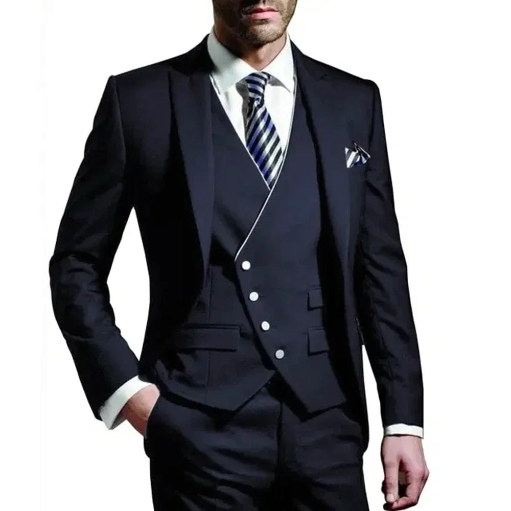 Men Suit  Army Green 3 Piece Groom Wear Peak Lapel Wedding Tuxedos Business Party Evening Jacket Vest With Pants