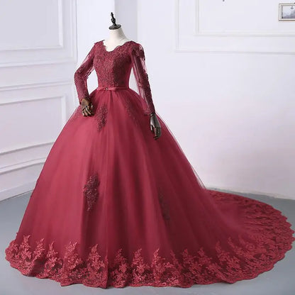 Best Selling 2024 Long Sleeve V Neck Lace Wedding Dress 2026 Vintage Bride Bridal Ball Gown Modest Wedding Dresses  Customized