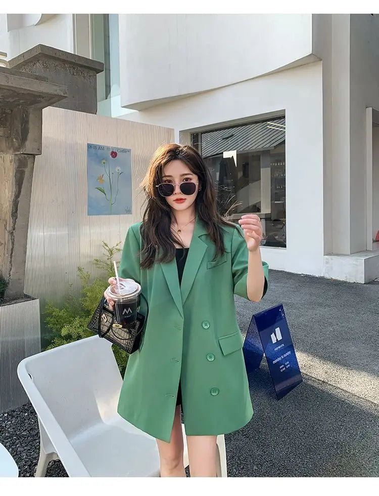 Korean Fashion Loose Thin Blazer Women Spring Autumn New Extra Large Mid Length Short Sleeved Women Coat Casual Outwear