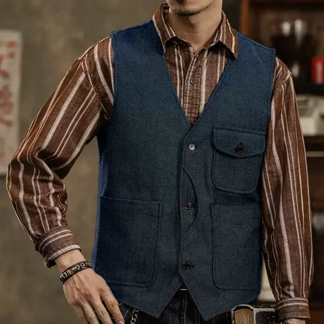 Men Vest Coffee Herringbone Single Button Pocket Waistcoat For Wedding Business Casual Formal Daily Office Work Men Suit Vest