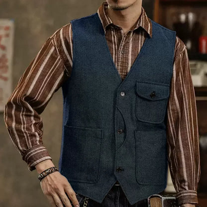 Men Vest Coffee Herringbone Single Button Pocket Waistcoat For Wedding Business Casual Formal Daily Office Work Men Suit Vest