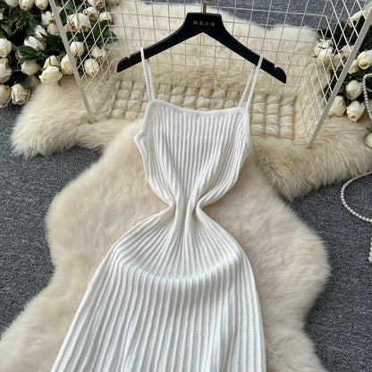 Knitted Pleated Long Dress High Waist Midi Sling Dress Elegant Sleeveless Yellow Dress Women Streetwear Black Bodycon Dress