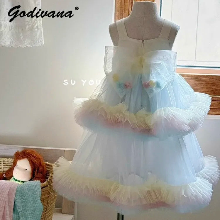 Sweet Baby Girls Elegant Rainbow Gradient Tutu Princess Cake Sundress Kids Tulle Ruffle Trim Puffy Birthday Party Casual Gown