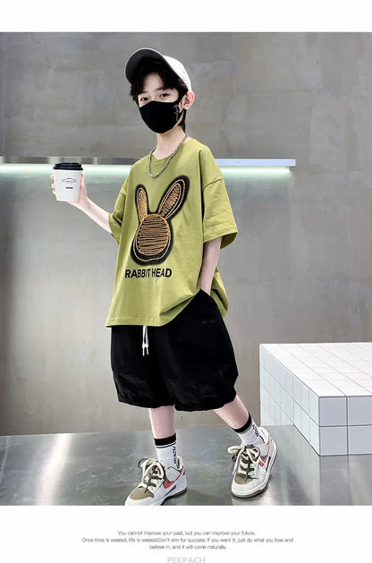 Cartoon Rabbit Boys Summer Clothing Two Piece Set Outfits Short Sleeved T-shirt Shorts Tracksuits Kids Children Casual Costumes