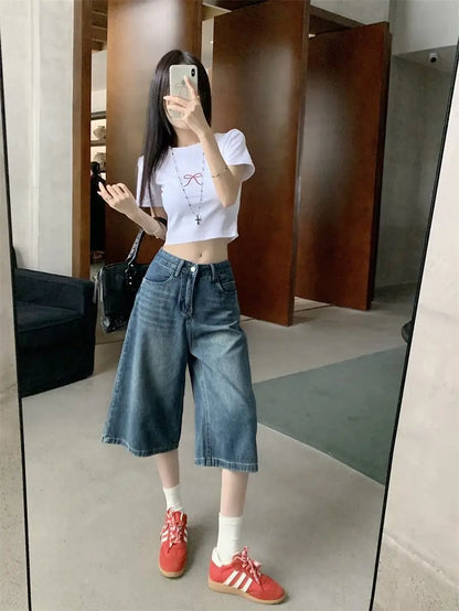 Summer American Style Vintage Women Baggy Jeans Y2k Loose Washed High Waist Knee Length Denim Pants Streetwear Wide Leg Shorts