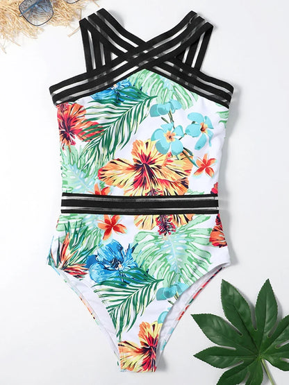 Solid Mesh Tape Swimsuit 2026 One Piece Sexy High Neck Swimwear Women Cross Front Bathing Suit Female Padded Beachwear Bodysuit