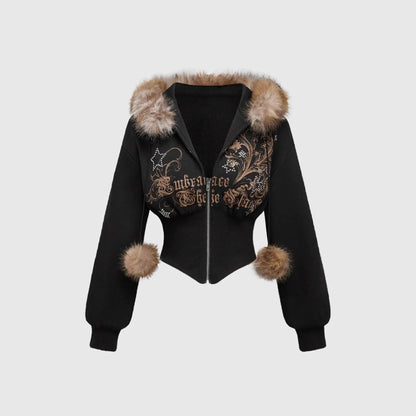 Winter Warm Gothic Print Hoodie Women's Clothin Faux Fur Crop Top Zip-Up Sweatshirt Fashion Y2K Streetwear Hooded Jacket 2026New