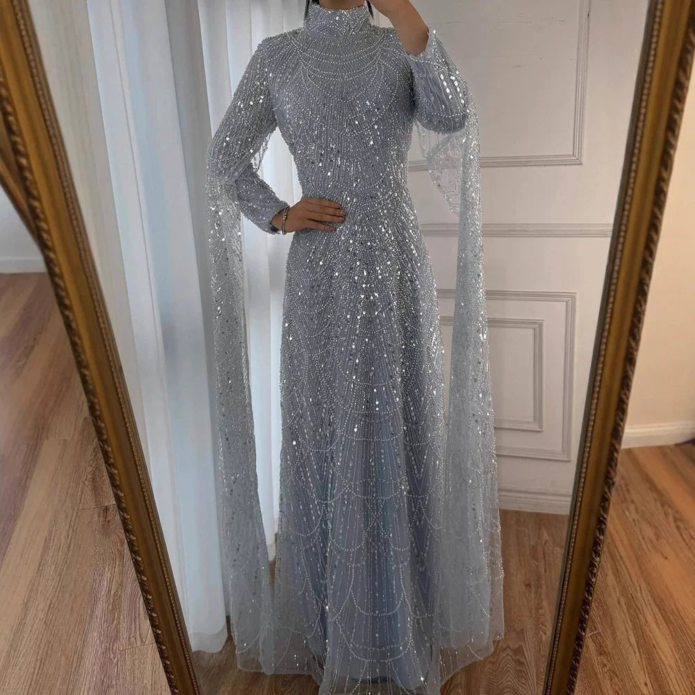 Customized 2026 Muslim Nude Mermaid Cape Sleeves Luxury Evening Gown Pearls Beaded Dress for Women's Party Prom Dresses