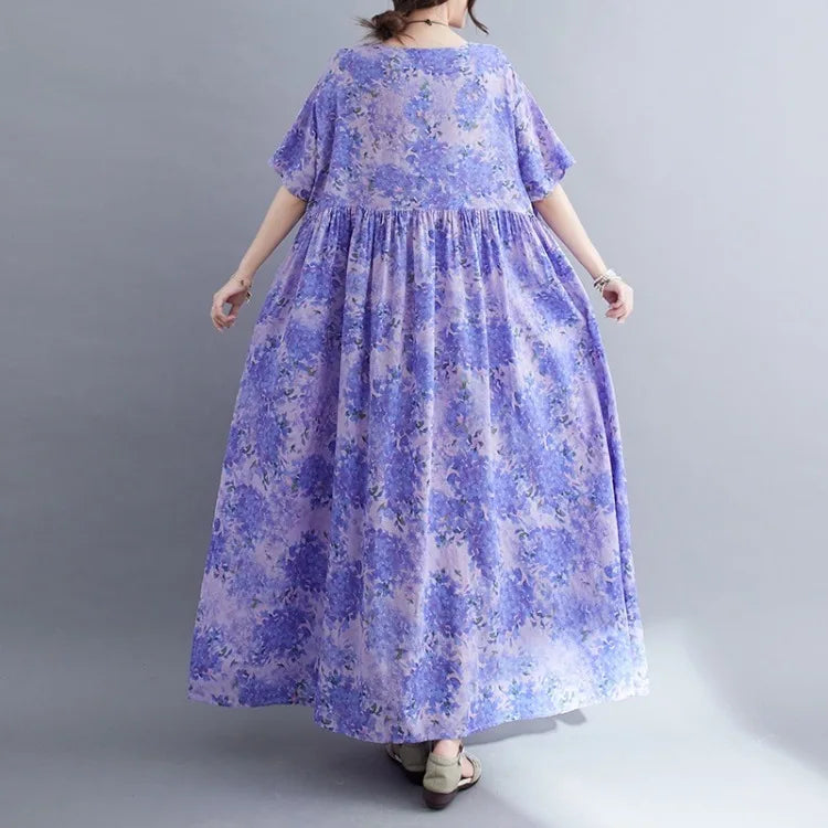 Robe Plus Size 100KG Summer Dress Women Floral Loose Vestidos Para Mujer Casual Maxi Print Cotton Linen Oversized BOHO