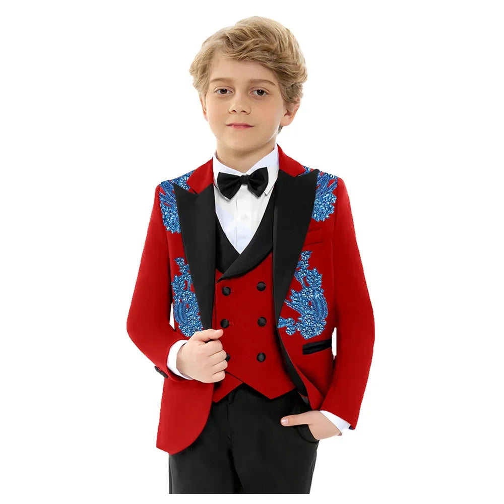 Christmas Boys Slim Fit Suis 4 Pieces Jacket Vest Pants Bow-tie Exquisite Red Beaded Suit Set Birthday Party Outfit 3-14T