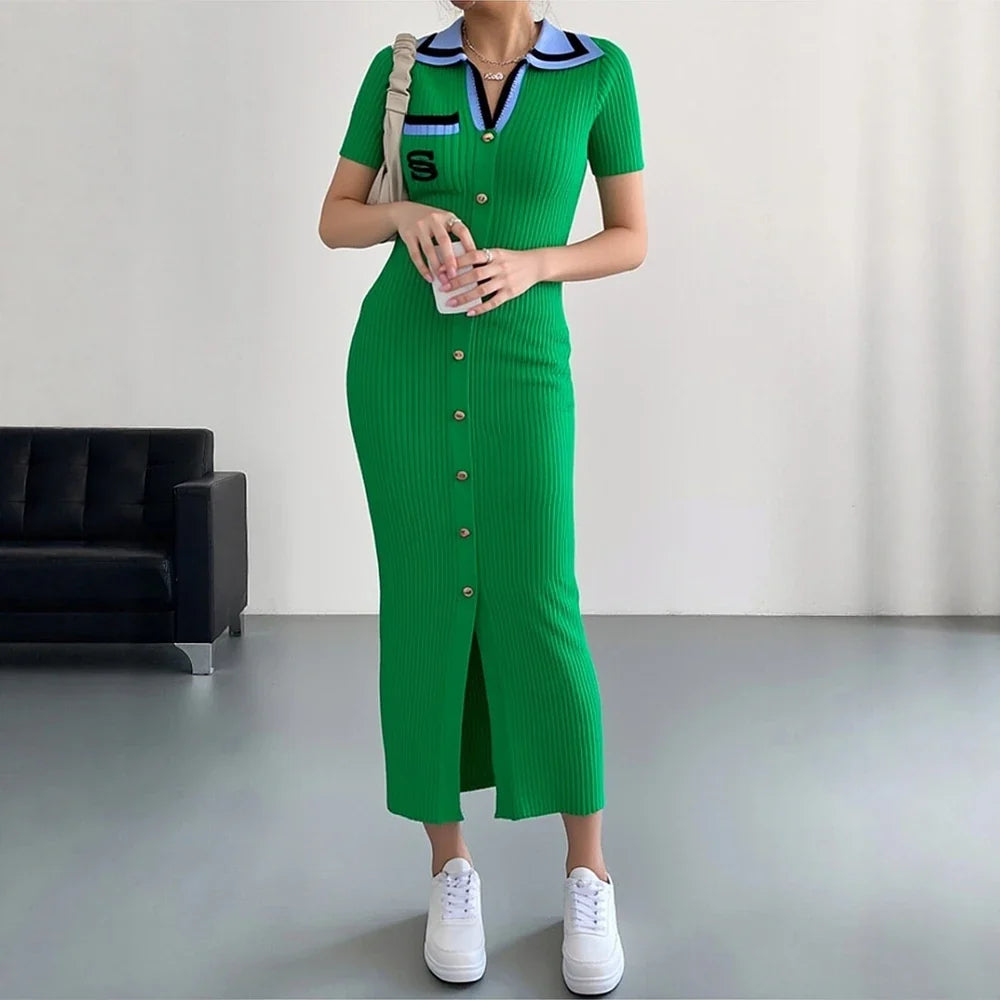Chic Fashion Sexy Wrap Hips Knitted Long Dress 2026 New Brand Fashion Embroidery Single-breasted Shirt Dress Streetwear