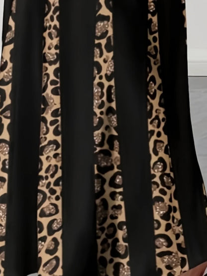 Elegant Leopard Print Maxi Dress, Plus Size Fashionable Long Sleeve Gown, Comfortable & Stylish Women's Clothing