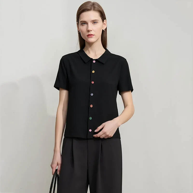 Women's T-Shirt 2026 Summer Lapel Collar Casual Short Sleeve Tee Color Block Button Slim Versatile T Shirts Woman 12652001