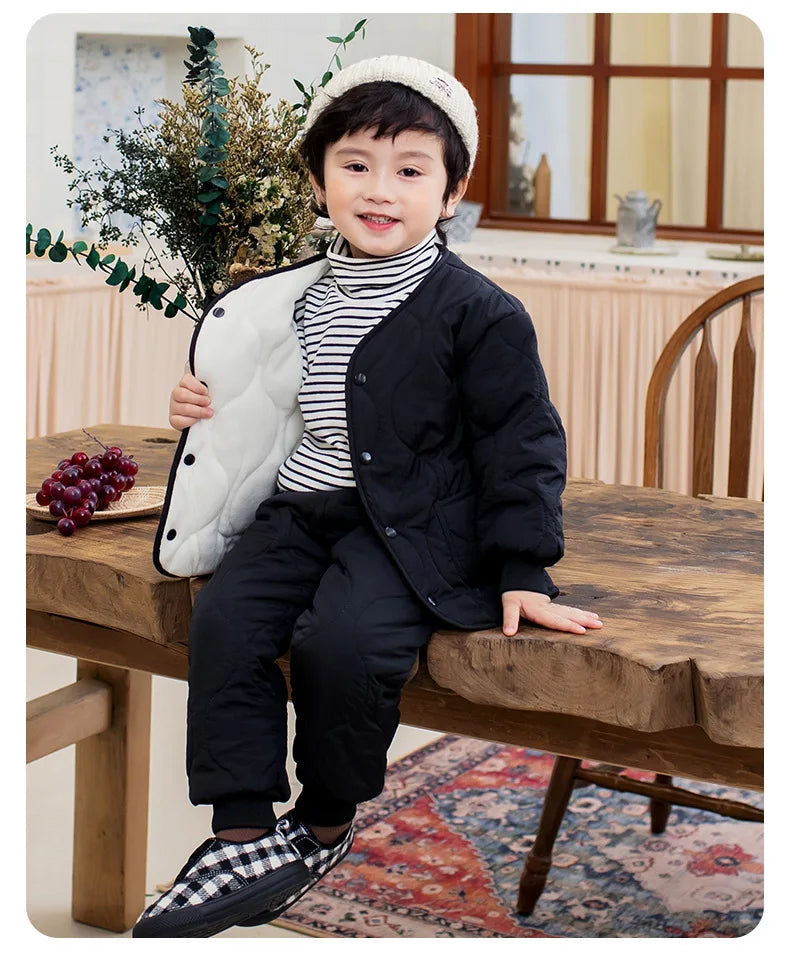 Autumn Winter Baby Kids Jackets+Pants Sets Thicken Boys Girls Coat Trousers Warm Windproof Clothes Suit For Children Home Wear
