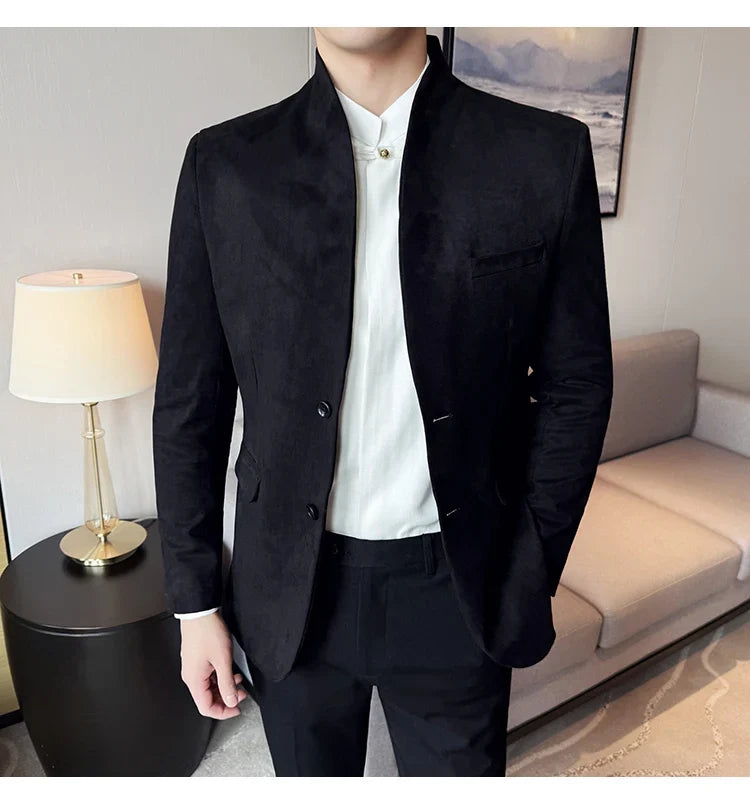High Quality Cowhide Suede Suit Coats Men Fashion Slim Fit Stand Up Collar Business Casual Jacket Formal Groom Social Tuxedos