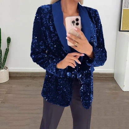 Sequin Suit Coat Solid Color Coat Elegant Glitter Sequin Women's Suit Coat with Lapel Long Sleeve Button Jacket for Autumn