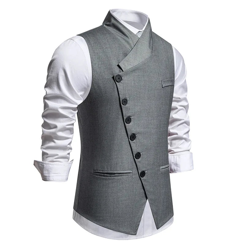 Men's Suit Vest, Chic Solid Slant-breasted Waistcoat for Men, Males Black/Grey Vest for Grooms Wedding Party Business Prom