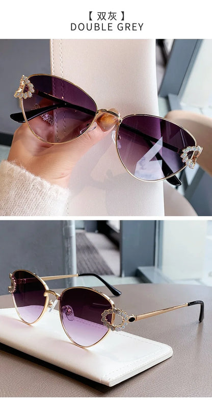 2026 Women Elegant Oval Metal Frame Cat Eye Sunglasses Hollow Rhinestone Wreath Temple UV Protection Gradient Lens Sun Shades