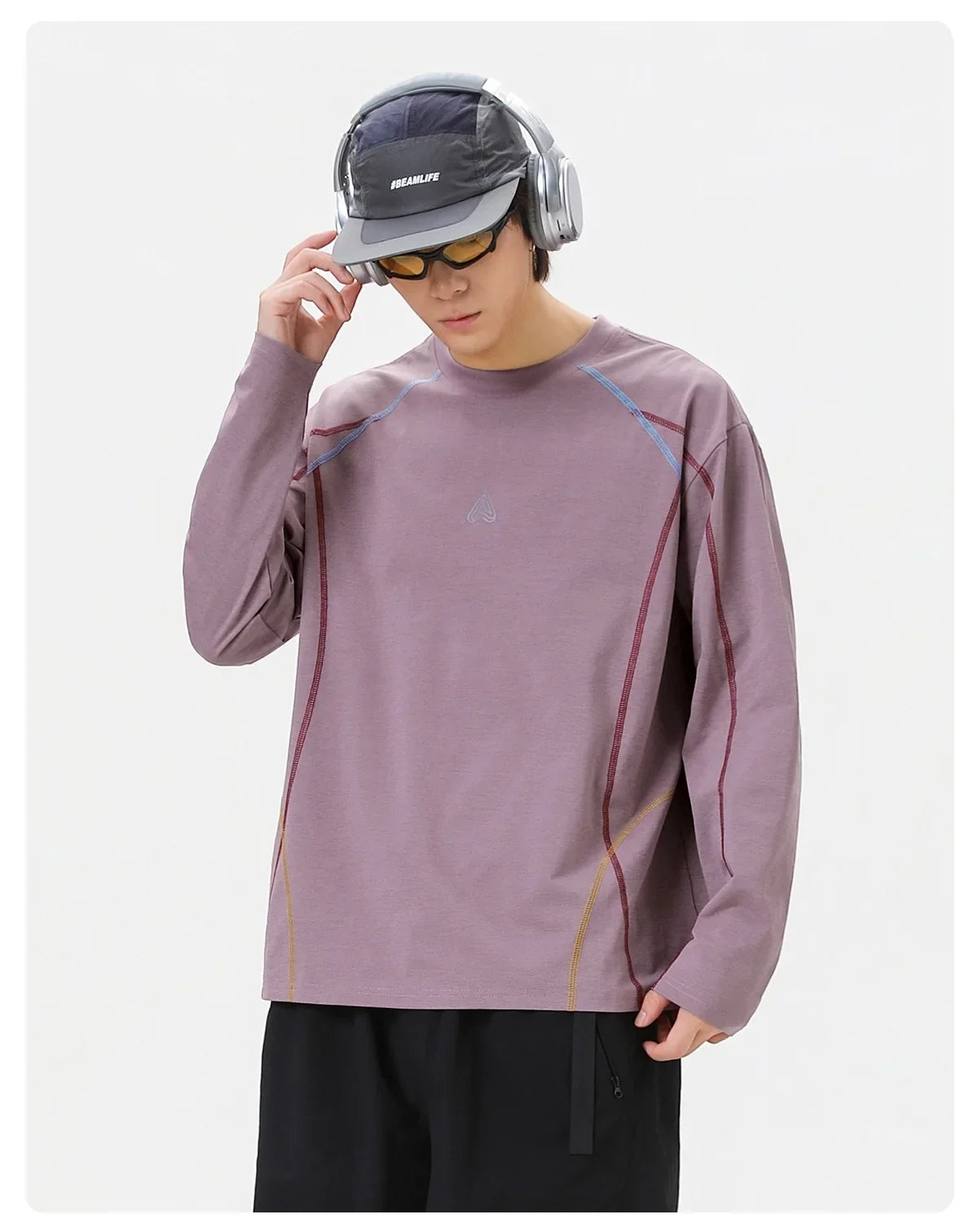 Men's Cool-Touch Contrast Stitch Long Sleeve T-Shirt – Loose Fit Moisture-Wicking Athletic Top for Autumn & Summer Sports
