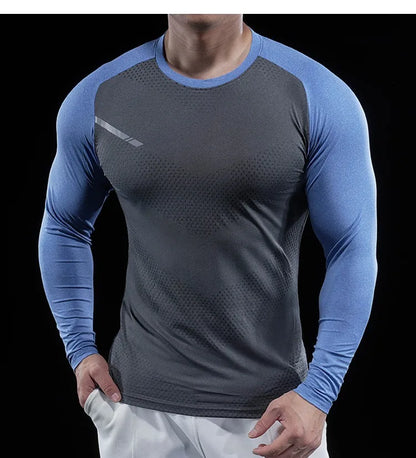 Autumn Winter Men Gym Fitness Display Long Sleeve T-Shirt Crew Neck Elastic Moisture Wicking Tights Running Training Bottom Top