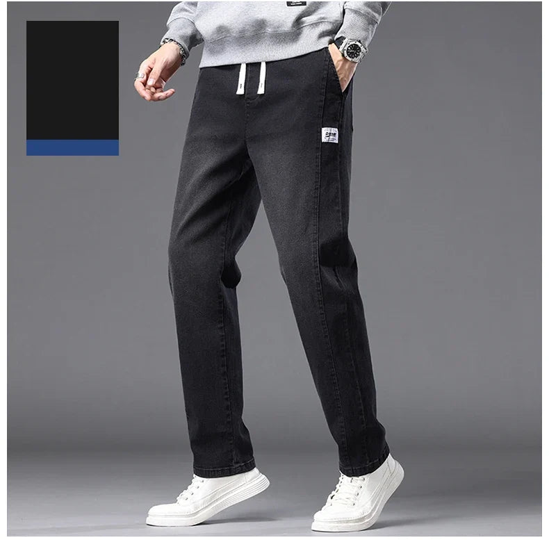 Autumn Winter Blue Jeans Men Drawstring Elastic Waist Cotton Cargo Denim Pants Work Fashion Thick Trousers Male Plus Size M-4XL